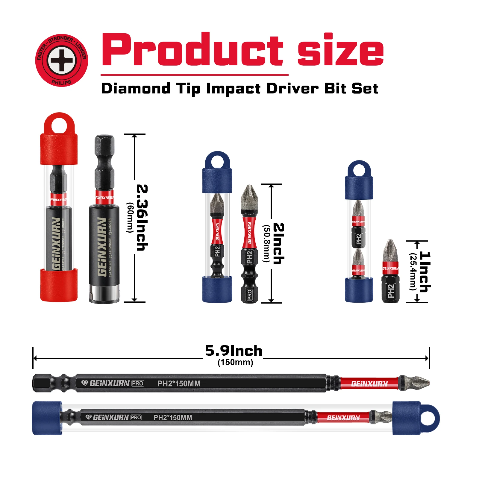 Geinxurn conjunto de bits de chave de fenda de impacto revestida de diamante de vários tamanhos, conjunto de bits ph2 de aço s2 magnético com 1 peça de chave de fenda holer