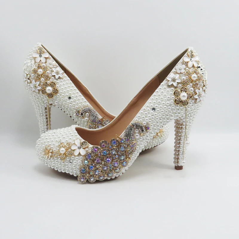 BaoYaFang  White pearl beads Womens wedding shoes Bride high woman party dress shoes Luxury peacock female shoes high Pumps
