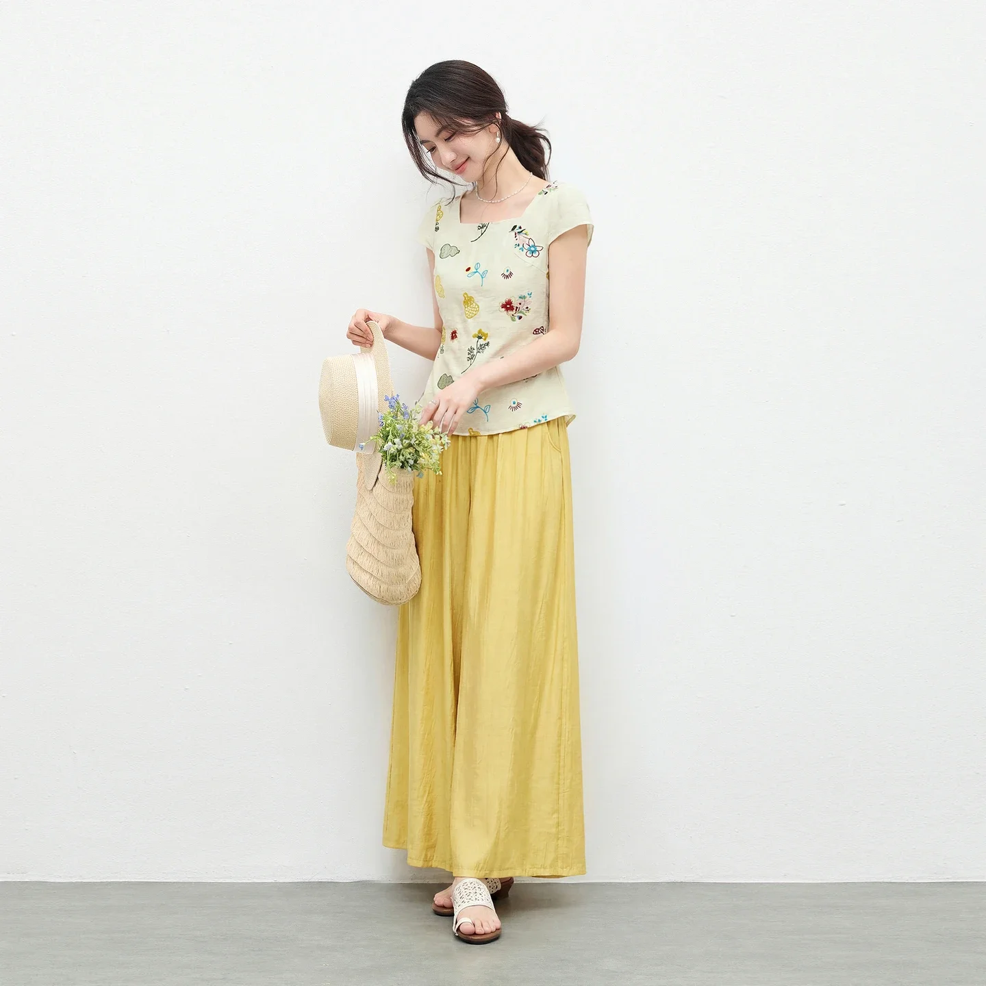 SENTUBILA Linen Blend 2 Piece Set 2026 French Countryside Woman Outfit Square Neck Blouse Elastic Waist Baggy Pants Q62ZK7924