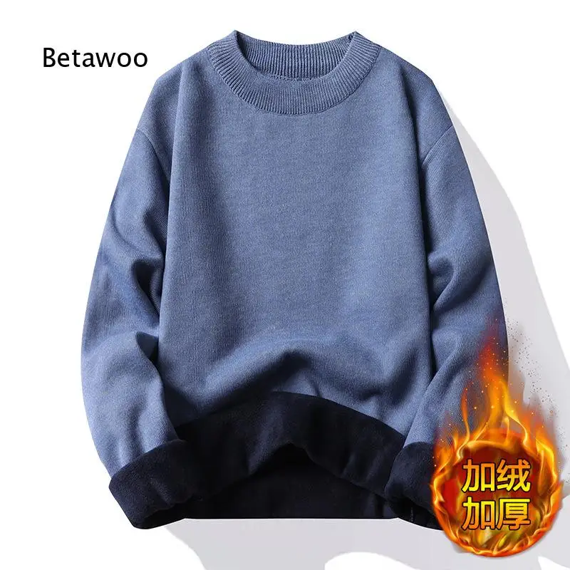 Mens Fleece Lined Knit Sweater Thick Warm Round Neck Pullover Tops Elegant Basic Undershirt For Autumn And Winter Daily Matchin