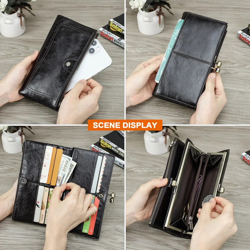 British Style Head Layer Cowhide High End Iron Compared Wallet  Anti Theft Brush Long Genuine Women's Leather Clip Women Wallets