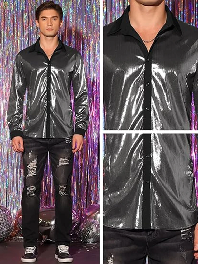 

Disco Mens Nightclub Party Shirts Long Sleeve Lapel Buttoned Shiny Sequin Shirt Tops Men 2024 Fall Vintage Glitter Shirt Blouses