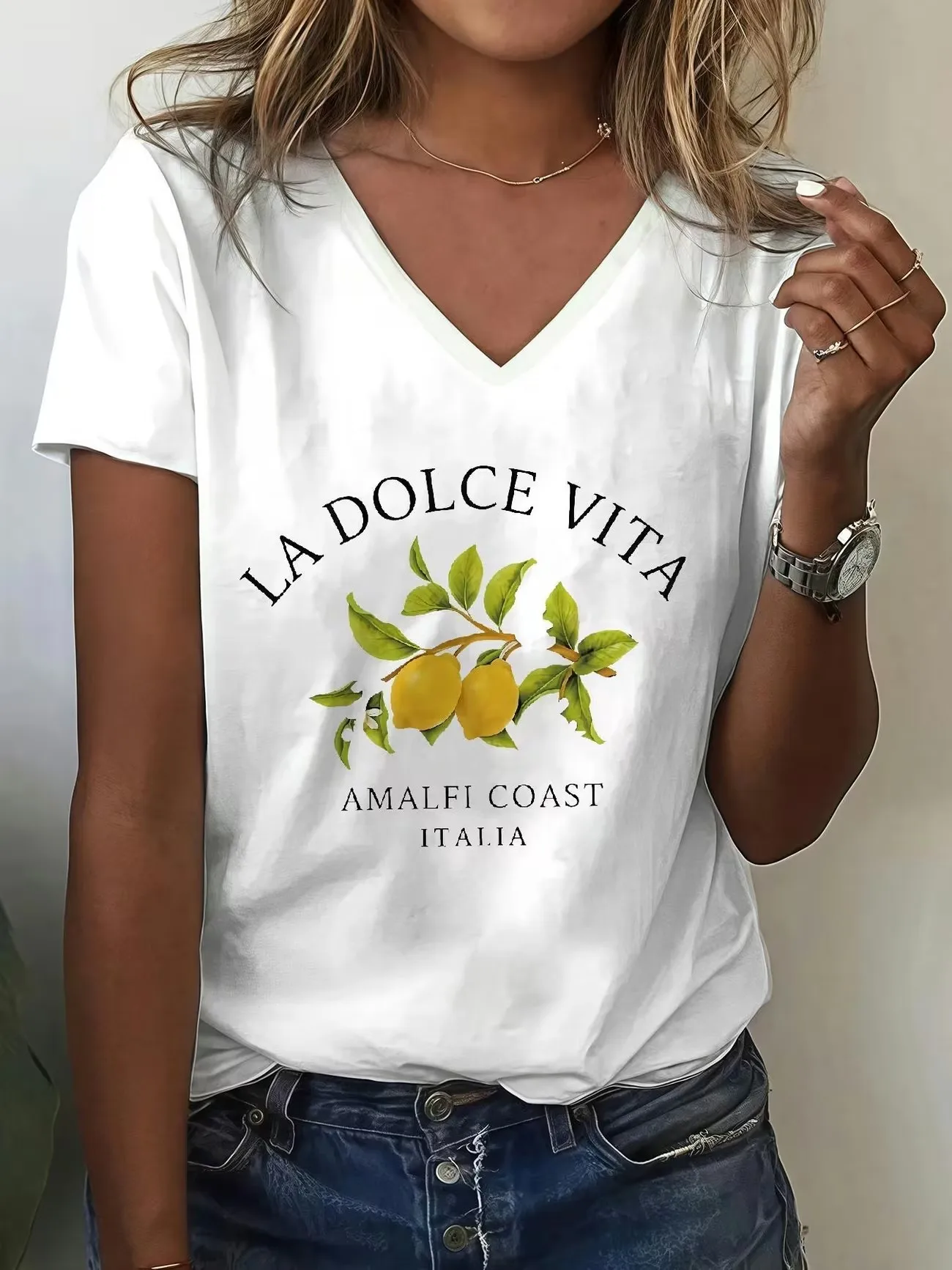 Retro La Dolce Vita Zitronen-T-Shirt V-Ausschnitt Lässige Mode Y2k Bedruckte T-Shirts Damen Kurzarm T-Shirt V-Ausschnitt Sommer Frühling