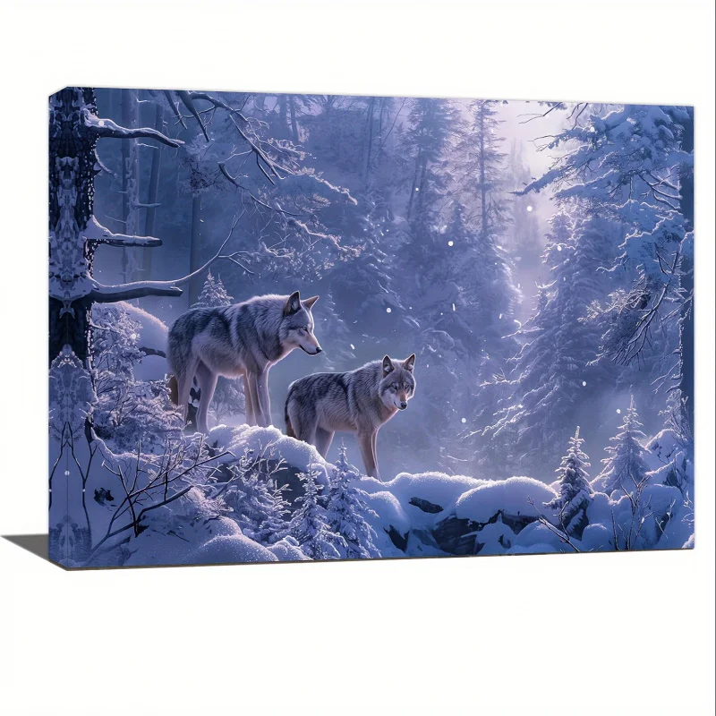 Wolf Duo in Snowy Forest - Winter Landscape Canvas Wall Art, 11.8