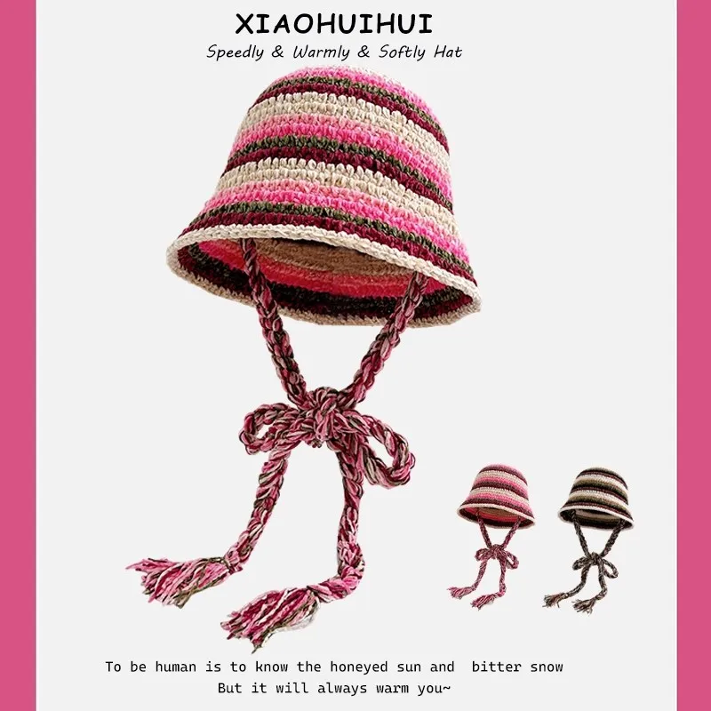 

Японские ретро контрастные полосатые вязаные панамы для женщин, зимние путешествия, теплые универсальные милые шапки с плетеным ремешком для бассейна