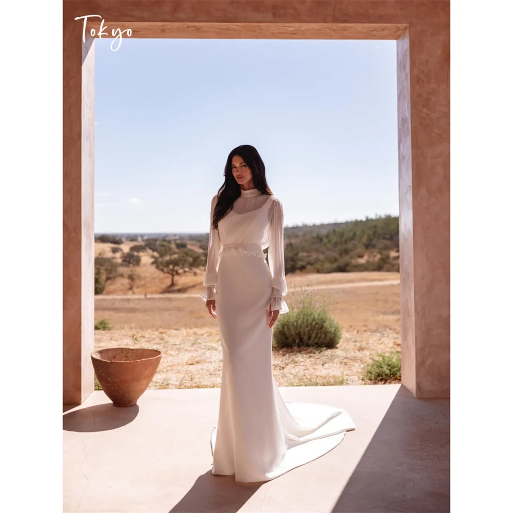 

Tokyo High Neck Long Sleeve Sheer Mesh Wedding Dress Lace Waist White Bridal Gown Elegant Mermaid Formal Evening Gown With Train