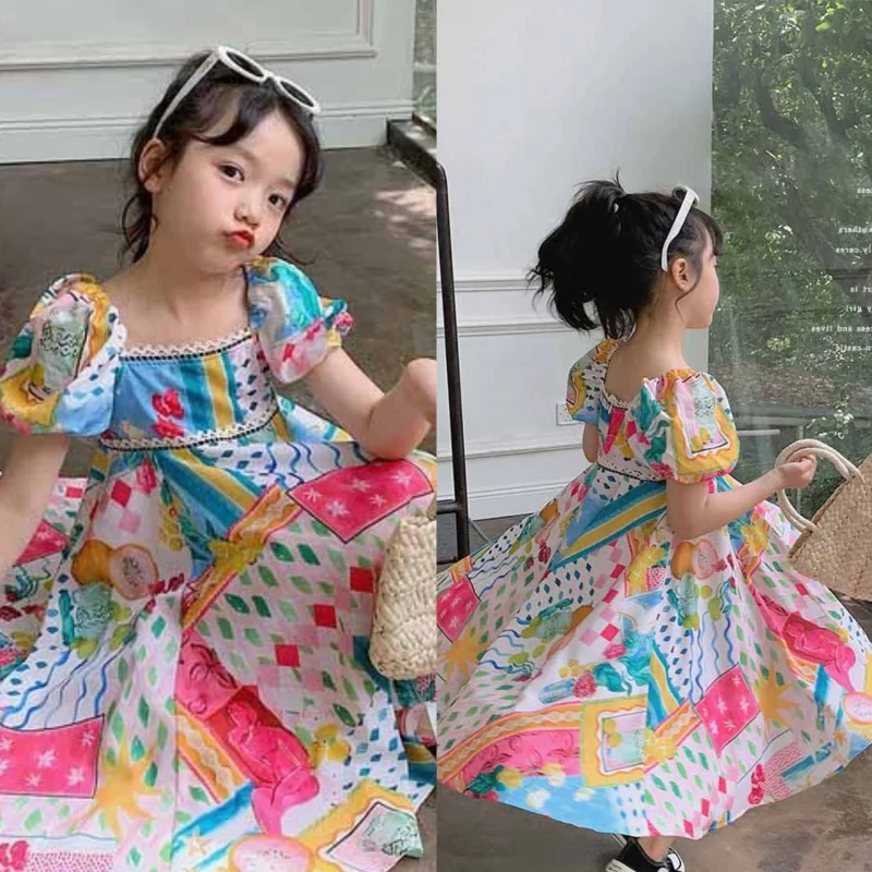 Girls Dress New Summer Dress Romantic Oil Painting Style Printing Fashionable Short Sleeve Dress Children One Piece Dropshipping