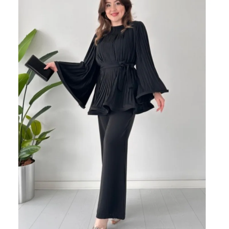 Two Piece Sets Womens Outifits Pleated Baggy Top and Wide Leg Pants Set Fashion Lace-Up Shirt Plus Size Woman Clothes Outfits