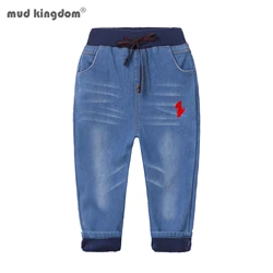 Mudkingdom Kids Jeans Drawstring Pants Autumn Winter Fleece Warm Denim Pants Casual Trousers for Boys Slim Fashion Clothing