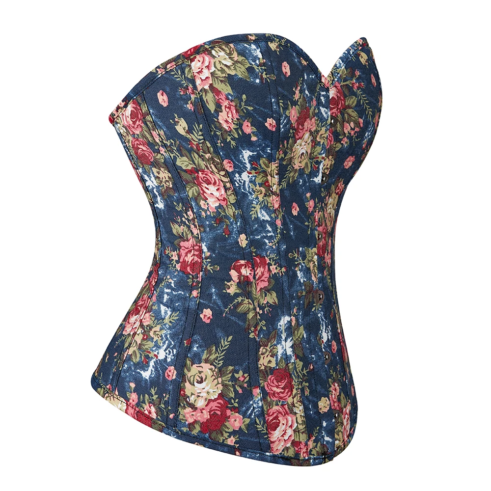 Vintage Korset for Women Blue Denim Bustier Top Overbust Floral Printed Corset Fashion Corselets