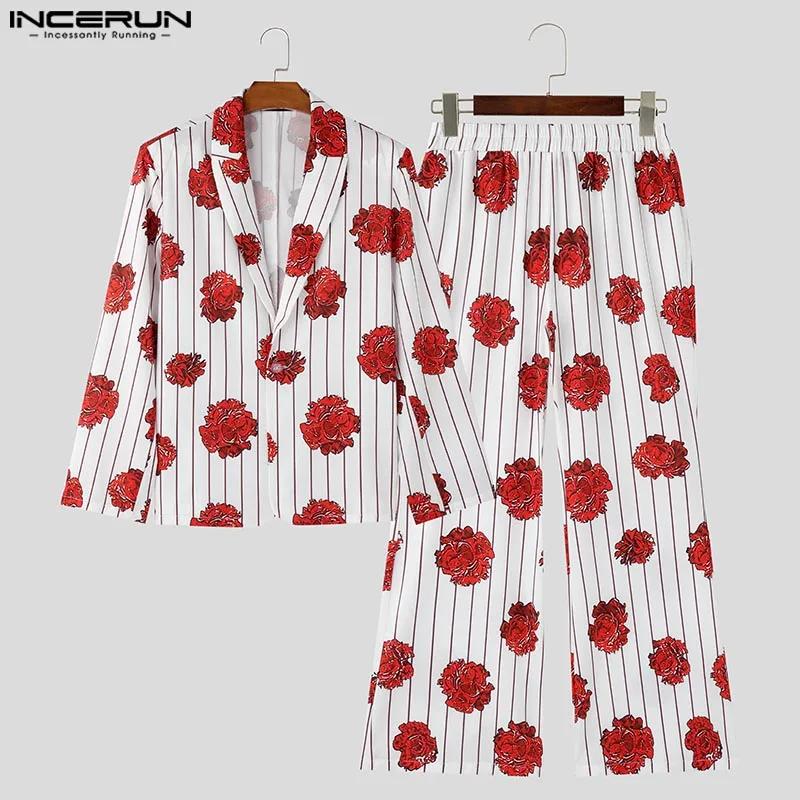 INCERUN – ensemble deux pièces Sexy et décontracté pour hommes, costume à manches longues, manteaux et pantalons, élégant, imprimé à rayures roses, nouvelle collection 20224, S-5XL