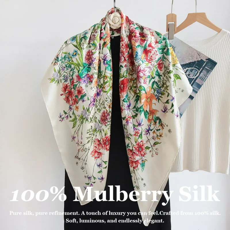

Шелковый платок 110*110 см, большой квадратный, из натурального шелка, для женщин, 100% тутовый шелк, с ручной подгибкой края, роскошный цветочный узор, шаль, хиджаб, шарф, буфанда