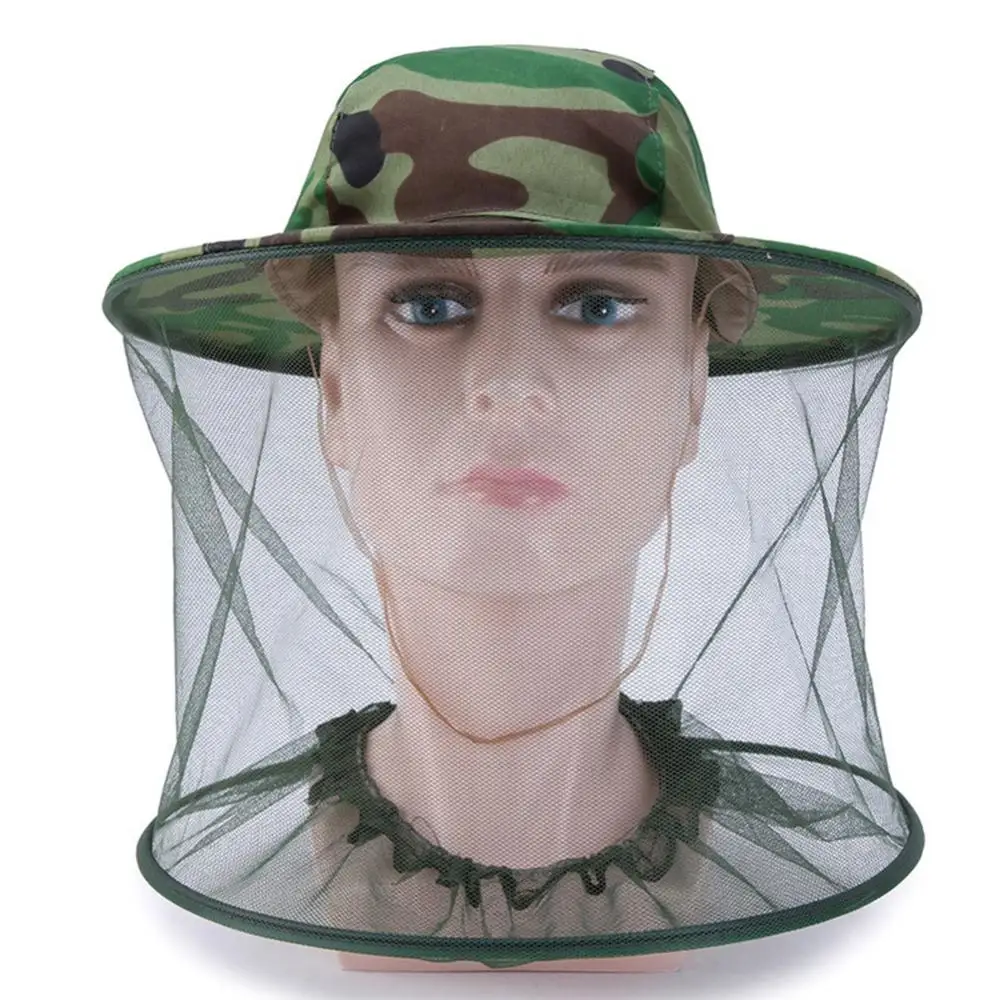 Camouflage Anti-insect Hat Mesh Fishing Hat Anti-bee Insect Anti-mosquito Net Outdoor Hat with Sun Cover Head Face Protector Cap