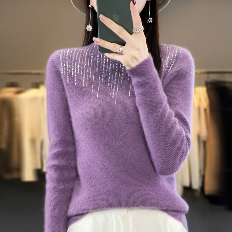 Autumn/Winter new women's sweater 100% Merino wool half-turtleneck pullover Korean diamond set warm base knit shirt