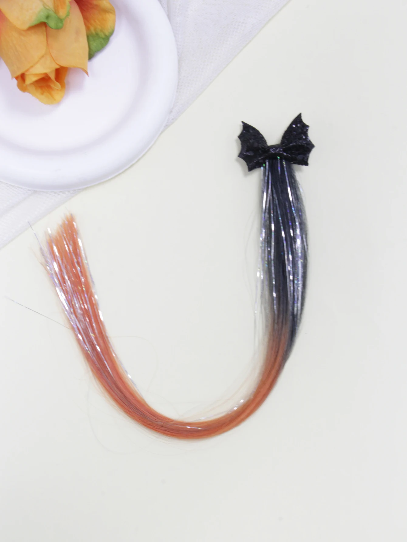 

1pc Halloween Hair Clip with Hair Extensions - Orange-Black Gradient Strands & Shiny Bat Wing Design - Perfect for Parties