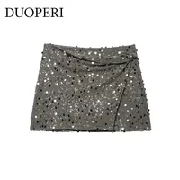 DUOPERI Y2K Minifalda acampanada para mujer, moda con lentejuelas, cremallera lateral, cintura alta, faldas informales elegantes para mujer