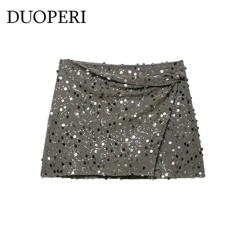 DUOPERI Y2K Minifalda acampanada para mujer, moda con lentejuelas, cremallera lateral, cintura alta, faldas informales elegantes para mujer