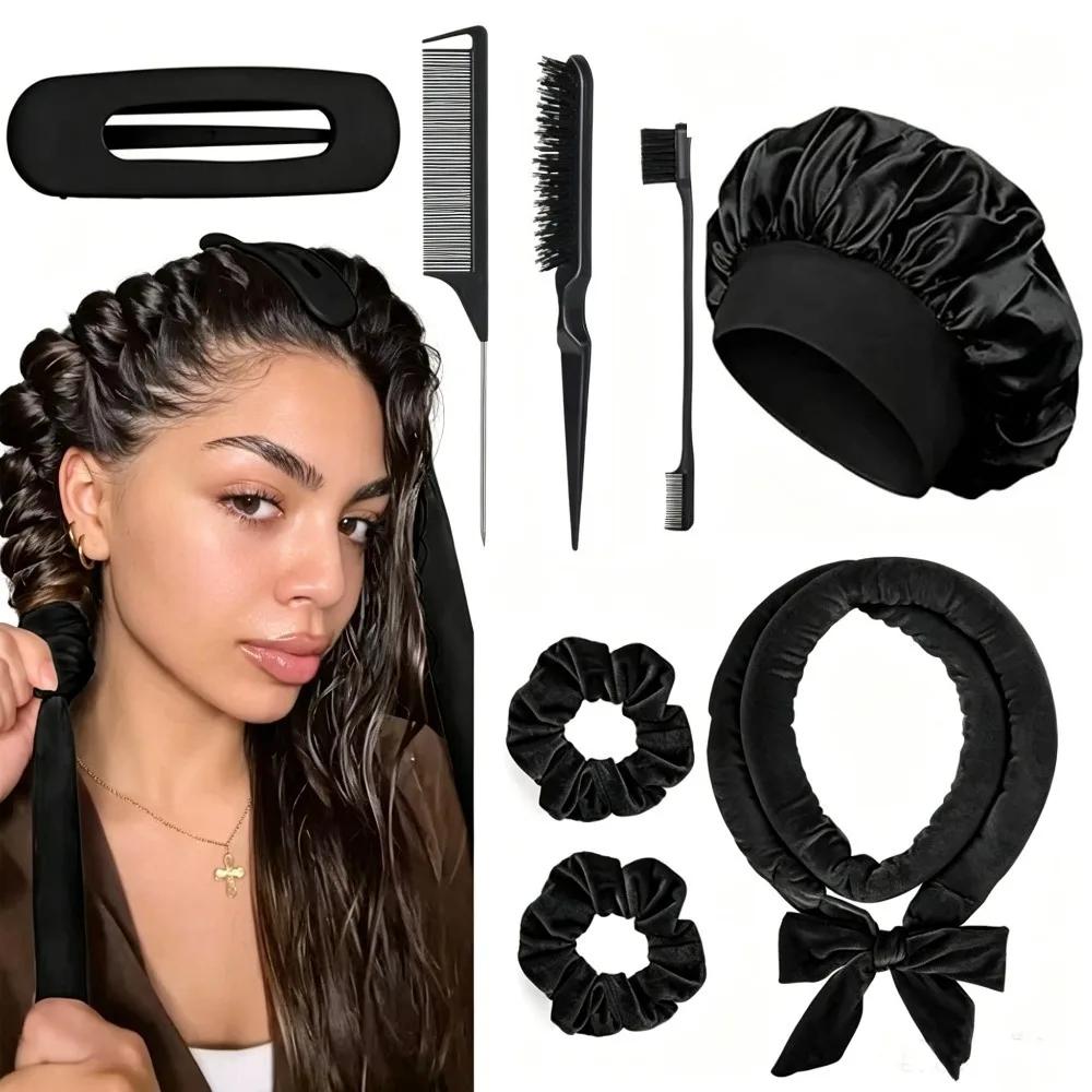 8/5/4Pcs  No Heat Overnight Curls Set Satin Bonnet Heatless Hair Curler Edge Brush Scrunchies Comb Black Gift Comb Styling Tools