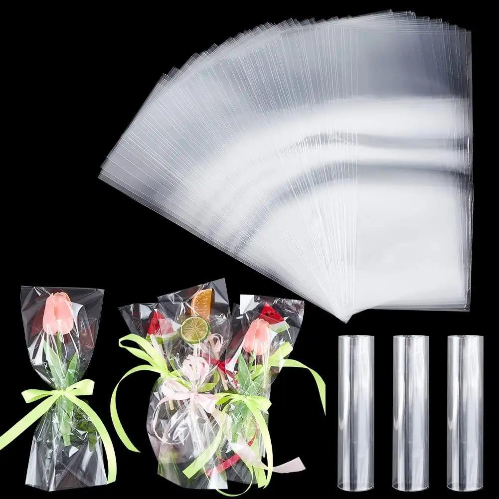 200pcs Clear Top Open Long Flat Plastic Cellophane Candy Gift Treat Bags for Small Homemade Arts Party Favor Bags