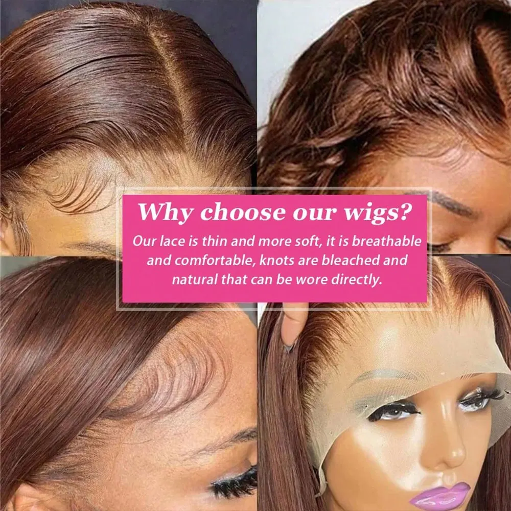 Peruca de Cabelo Humano Castanho Chocolate de 34 Polegadas com Renda Frontal, Castanho Escuro Liso, Peruca Frontal de Renda Transparente 13x4, Densidade 250%