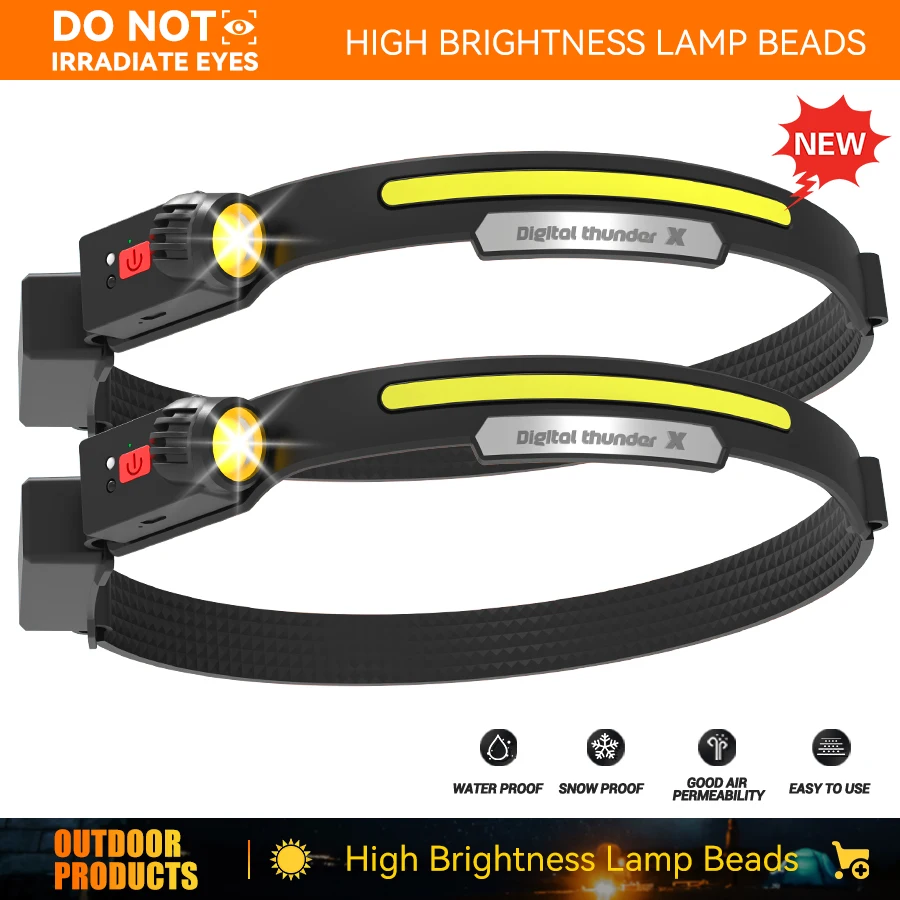 

230° LED Sensor Headlamp Rechargeable Headlight Led Head Flashlight XPE+COB With Built in Battery Torch Fishing Camping Lantern