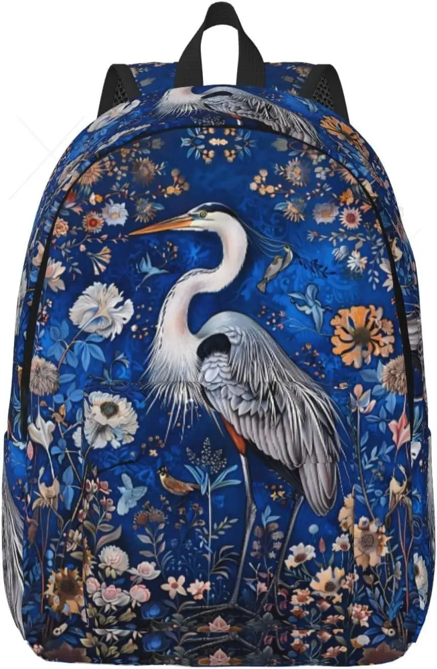 Blue Heron Floral Garden Computer Canvas Backpack Bag with Adjustable Straps Print One Size