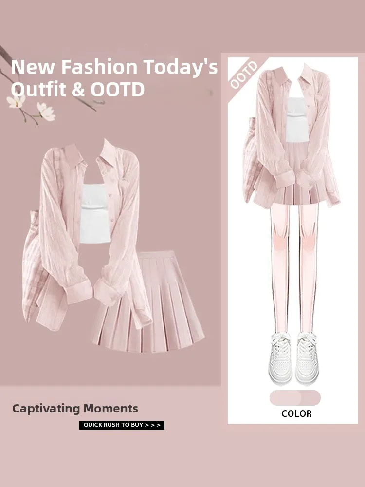 

Spring Summer High Waist Pleated Skirt Korean Style Sun Protection Clothes Dopaamine Fashion Set for Young Girls