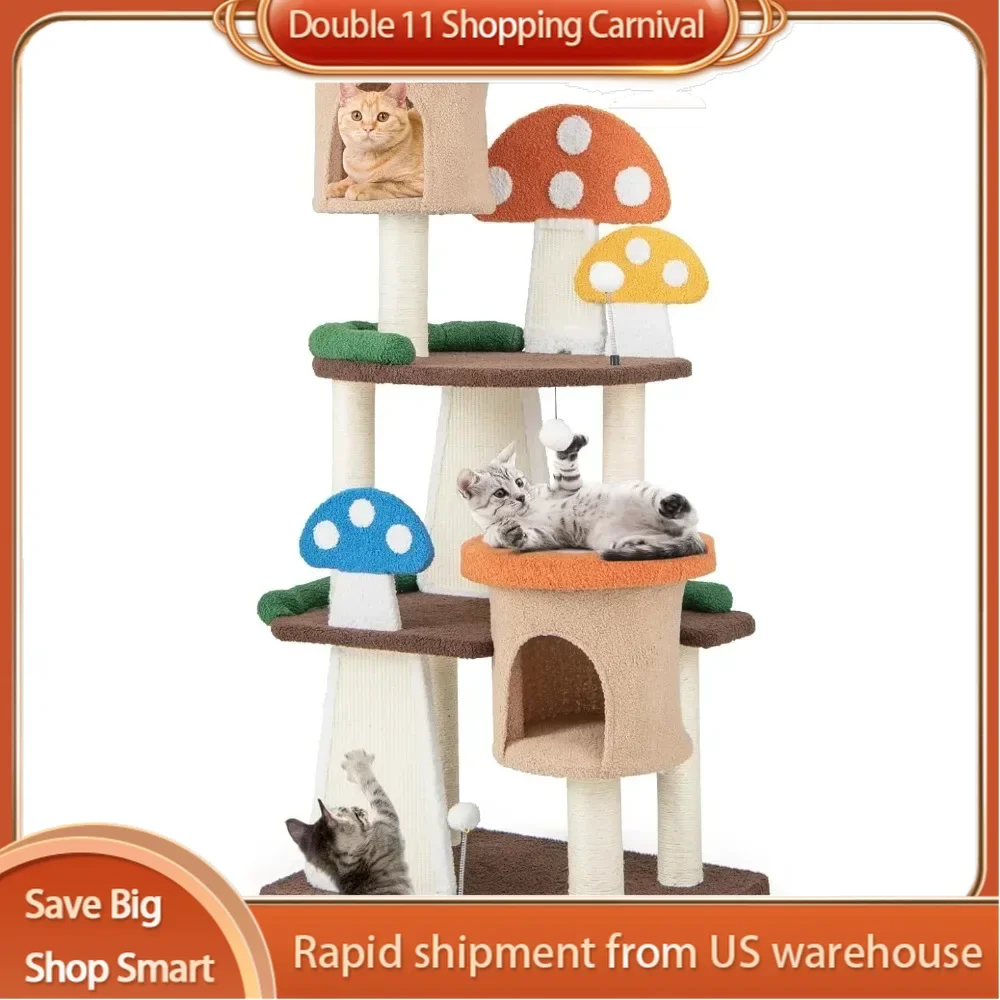 Mushroom Cat Tree with Full-Wrapped Sisal Posts, Scratching Boards & Interactive Balls,Multi story cute cat tower