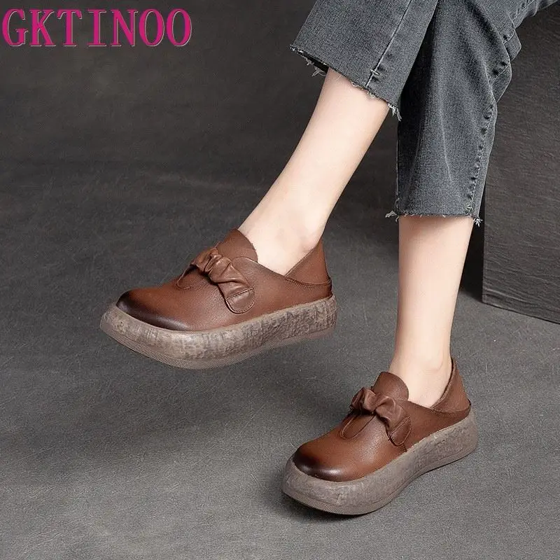 GKTINOO Handmade Genuine Leather Flats 2024 New Women Shoes Round Toe Shallow Soft Sole Loafers Retro Solid Color Shoes