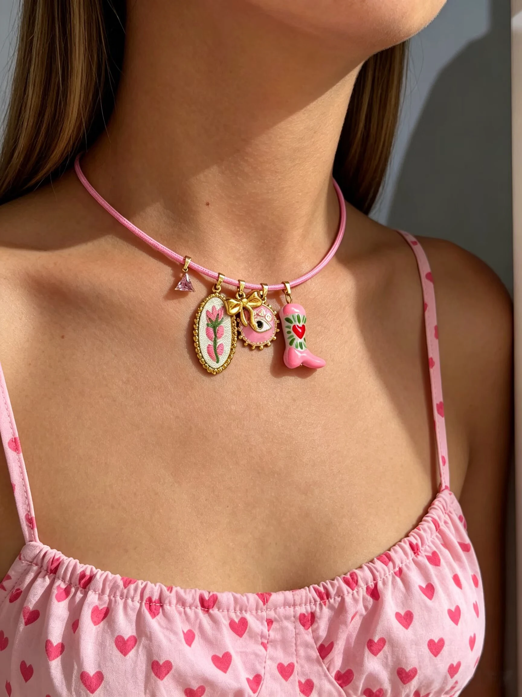 Peri'sbox Pink Zircon Embroidered Enamel Heart-Shaped Glass Multiple Pendant Bare Magnetic Necklace Women Handmade Party Jewelry