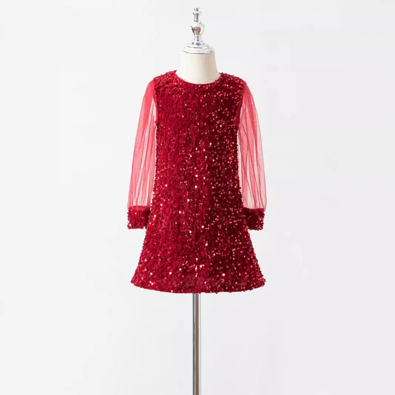 

Spring New Dress Children's Mesh Spliced Long Sleeve Sequin Gown Princess Dress