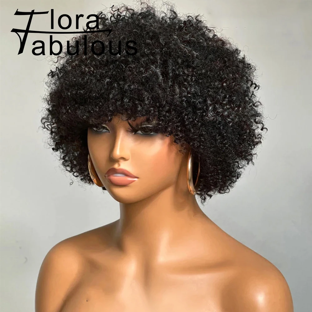 

Short Afro Kinky Curly Wigs With Bangs For Black Women 180% Density Glueless Short Pixie Cut Afro Curly Virgin Human Hair Wigs