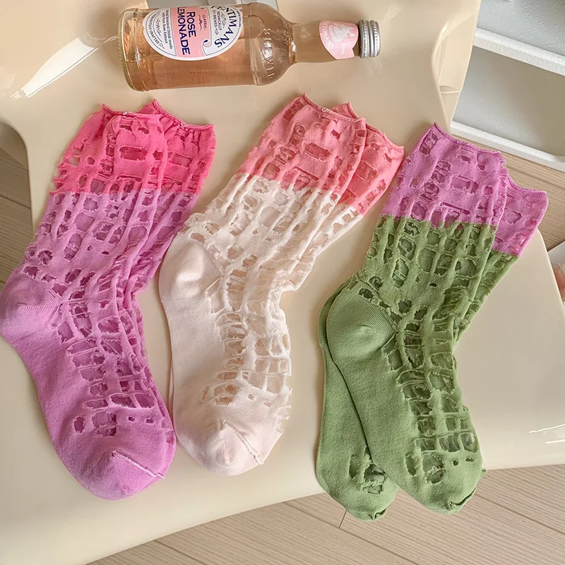 

Kave Splicing Ripped Beggar Hollow Mesh Socks Women's Summer Breathable Glass Silk Medium Tube Socks Thin Stacking Socks