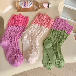 Kave Splicing Ripped Beggar Hollow Mesh Socks Women's Summer Breathable Glass Silk Medium Tube Socks Thin Stacking Socks