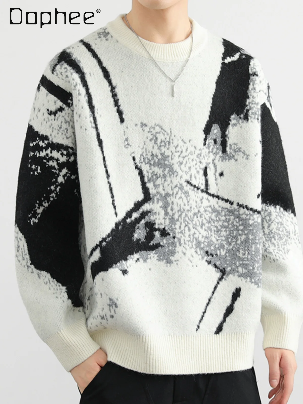 2025 Autumn Winter New Men's White Casual Pullover Sweater High-end Design Dark Gray Round Neck Long Sleeve Knitted Sweater