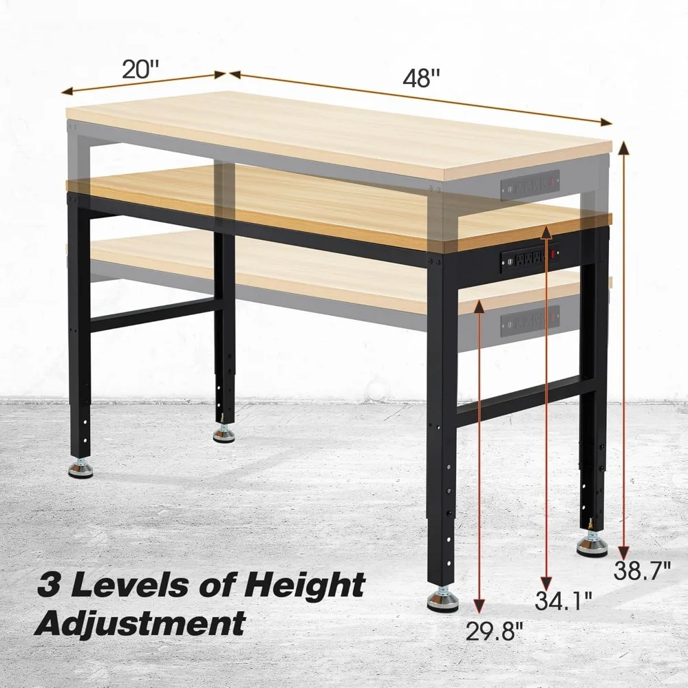 Heavy-Duty Adjustable Workbench with Power Outlet - 2000 lbs Capacity for Garage and Workshop Use