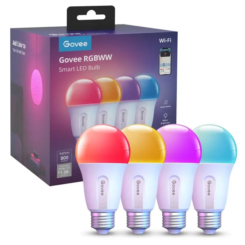 

4 Pack Smart LED Bulbs WiFi Bluetooth RGBWW 800LM Alexa Google Home Compatible Music Sync Group Control Dimmable Color Changing
