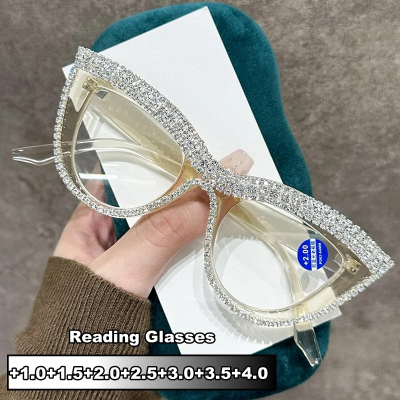 Women's Luxury Cat Eye Reading Glasses Shining Diamond Far Sight Eyeglasses for Ladies Unisex Blue Light Blocking Presbyopia