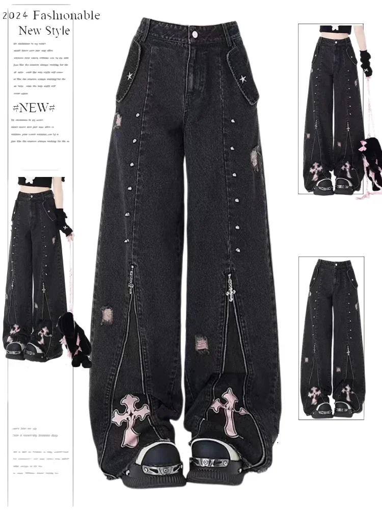 

2000s Trashy Jean PantsWomen Y2k Oversize Denim Trousers Vintage Harajuku Korean Emo Clothing Black Gothic Jeans 90s Aesthetic