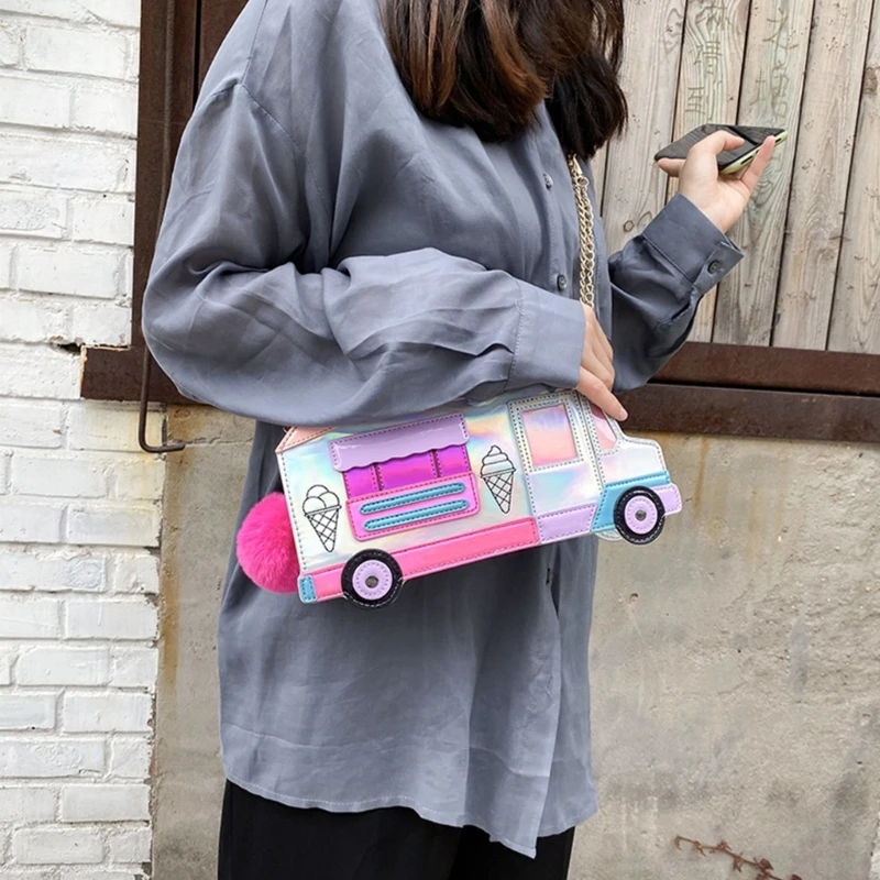 Bolso mano cuero PU con forma coche helado dibujos animados para mujer y niña, bandolera mensajero, bolso