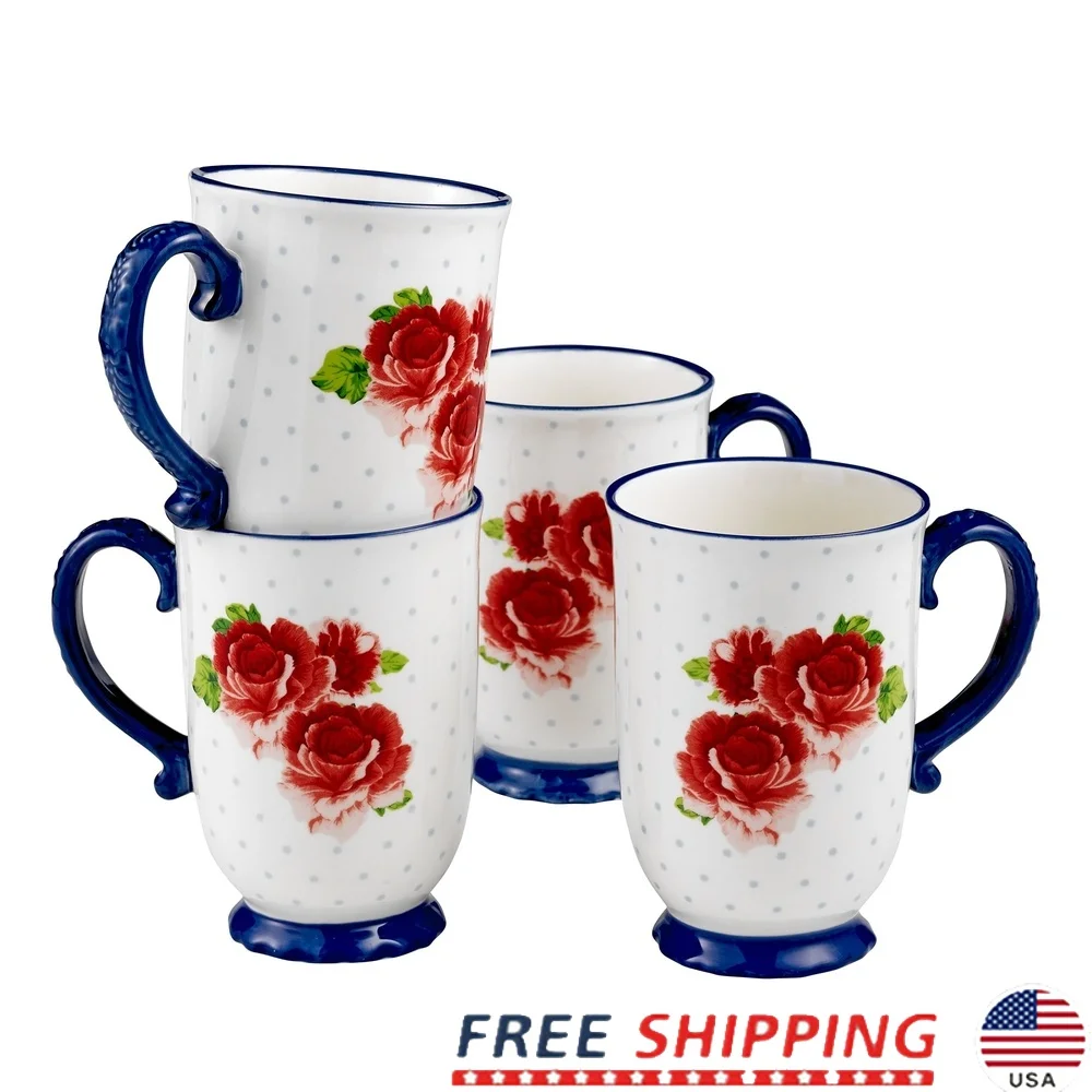 Heritage Floral Juego de tazas de 4 piezas Vintage tazas de té y café lavavajillas apto para microondas gres regalo encantador elementos esenciales de cocina