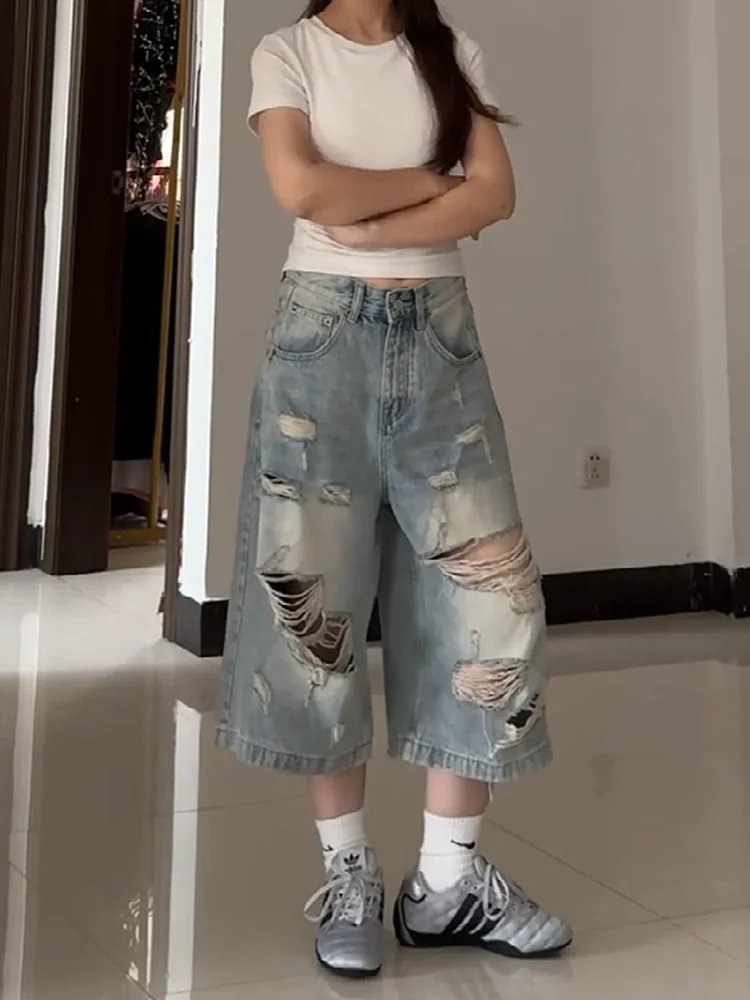 Sweet Cool American Style Loose Fit Denim Shorts Women's High Waist Tear Hole Summer New Style Straight Leg Wide Leg Pants