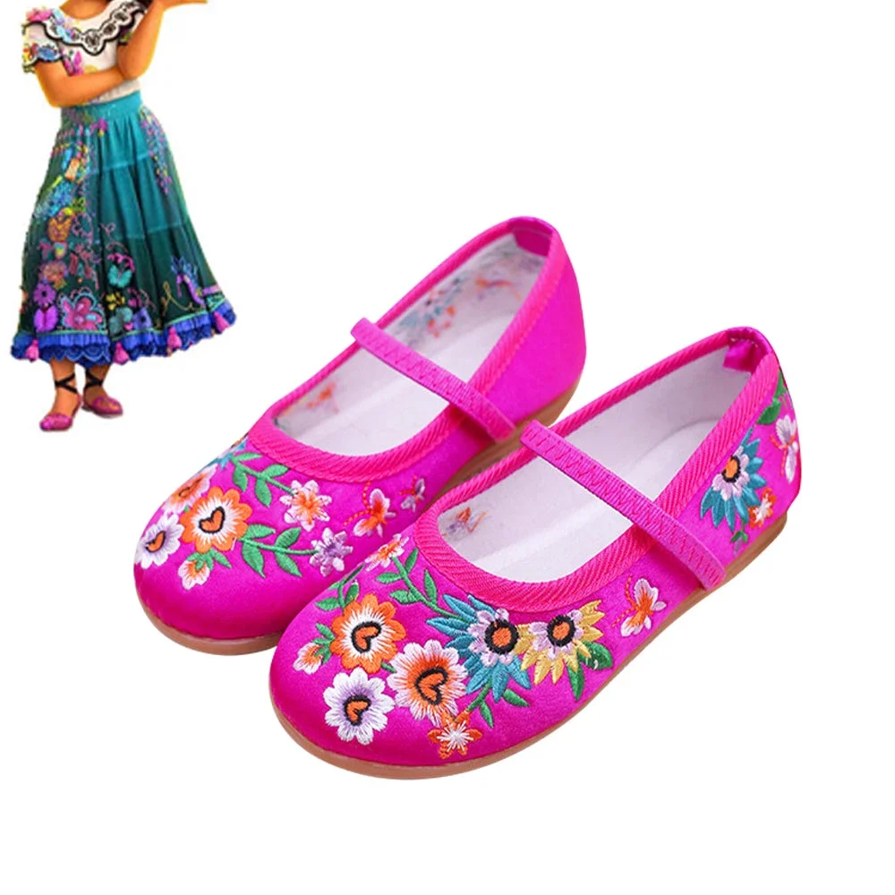 

2025 Chaussures de danse ethniques brodées de style traditionnel chinois pour enfants, semelle en cuir souple, chaussures de