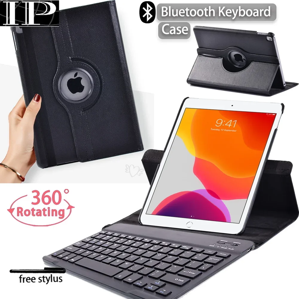 Ipad Cases for Apple IPad 10.2 Inch 9th Generation 2021 Anti-fall 360 Rotating Tablet Cover Case + Bluetooth Keyboard