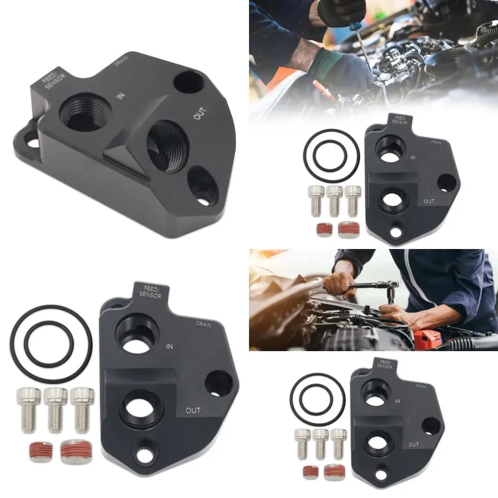 Oil Line Service Adapter Base with Threaded Passages, Machined Aluminum Body, and Visible Port Labels for Remote Filter Layout