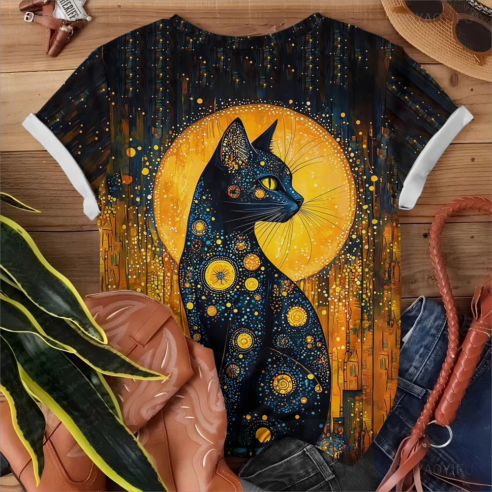 تي شيرت نسائي من Moon and Stars Mysterious Cat Art كاجوال أنيق مريح بأكمام قصيرة باللون الأسود #5