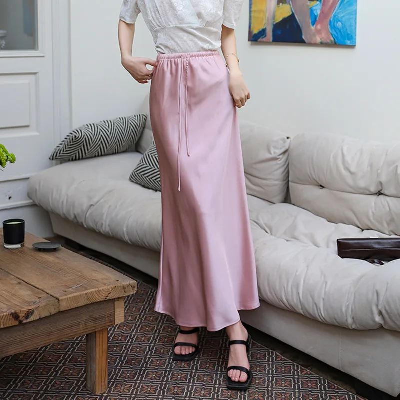 

Summer French 2024 New Arrival Women's Elegant A-Line Long Skirt High Waist Satin Skirt Femme Faldas Jupe Saia Spring Maxi Skirt