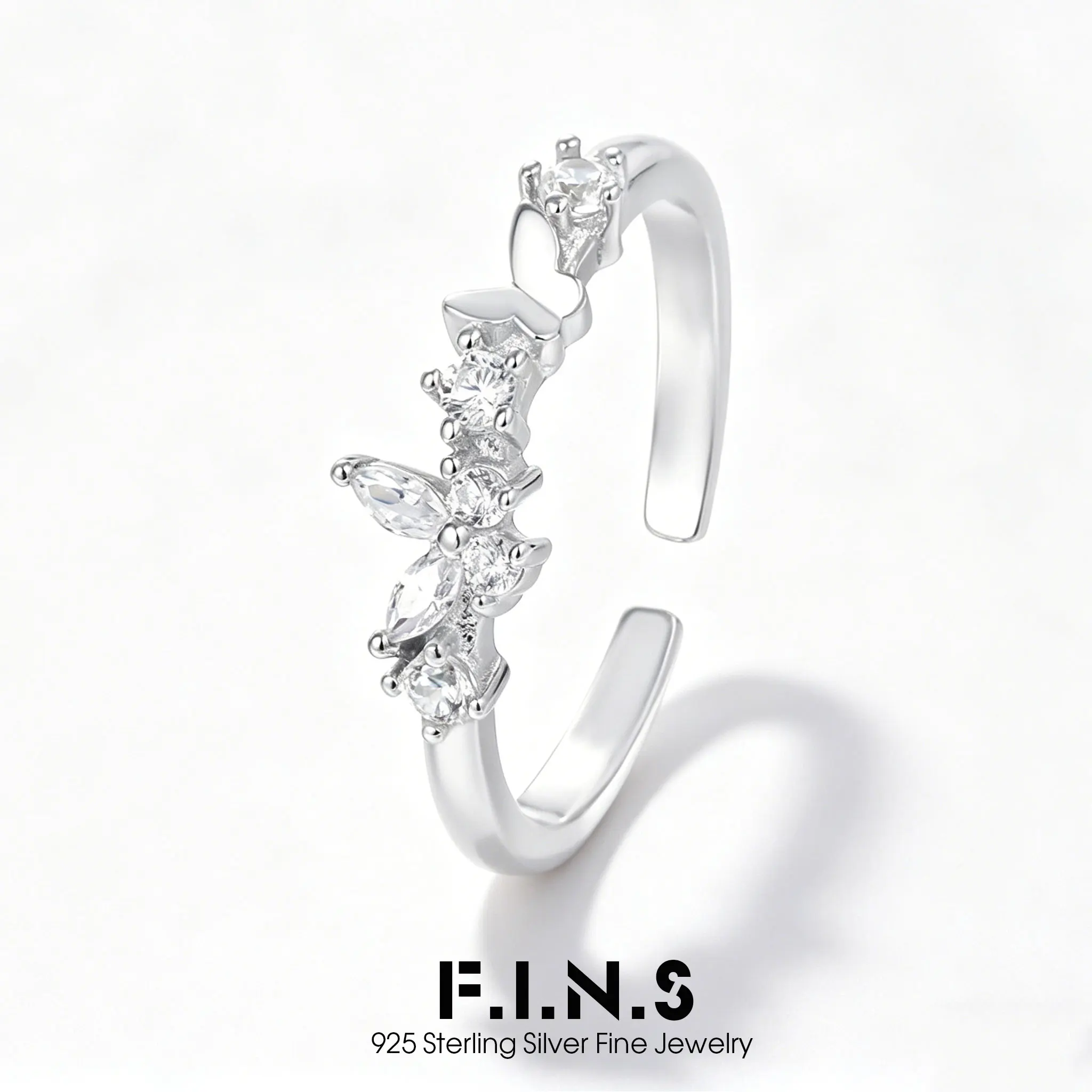 

F.I.N.S Real 925 Sterling Silver Butterfly Open Ring Pave Setting CZ Adjustable Rings for Women Teens Wedding Anniversary Gift