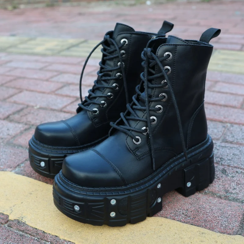 

Готические мотоциклетные ботинки, модные, больших размеров, на толстом каблуке, рыцарские, на платформе, с металлическим декором, ботильоны, панк-ботинки, высокие, в стиле Ins