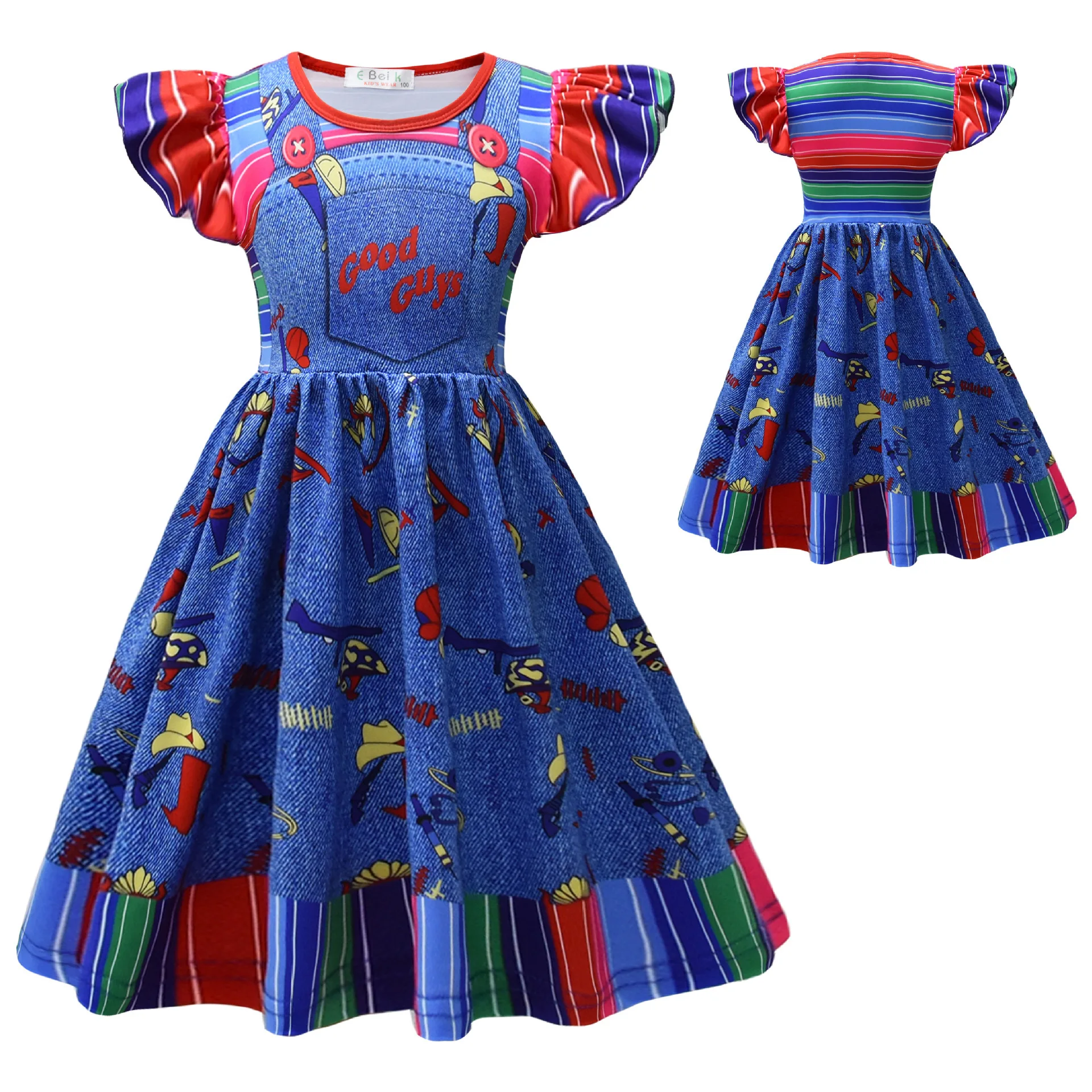 Horror Killer Film Geist Puppe Disguise Kostüm Mädchen Gedruckt Kleid + Aufkleber Kopfbedeckungen Für Kinder Halloween Party Outfit Sets – Detail 2
